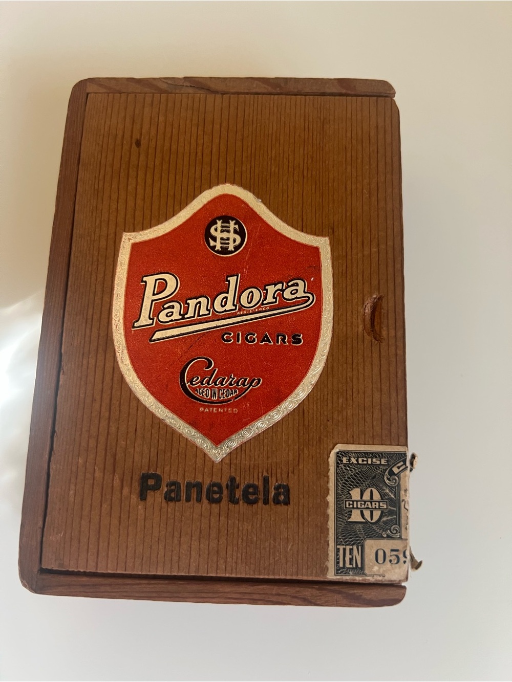 Pandora Brown Wood Cigar Box with Red Crest